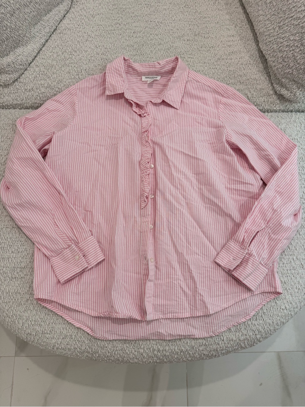 BeachLunchLounge Pink Striped Ruffle Button Down Shirt Top
